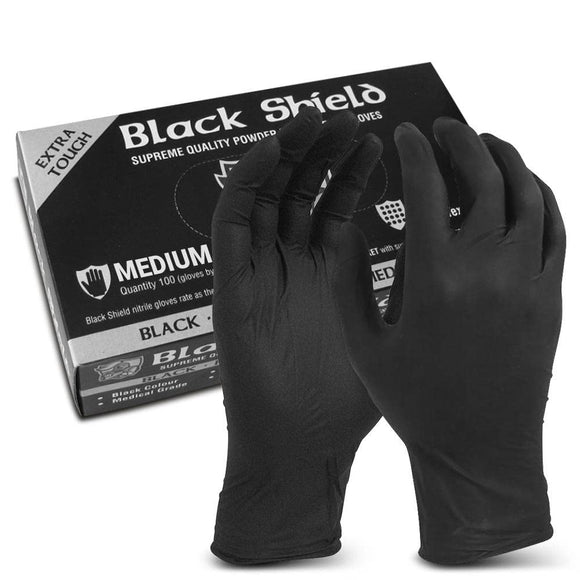 Black Shield Nitrile Gloves Safety Extra Heavy Duty Low Sweat Box of 100 Medium