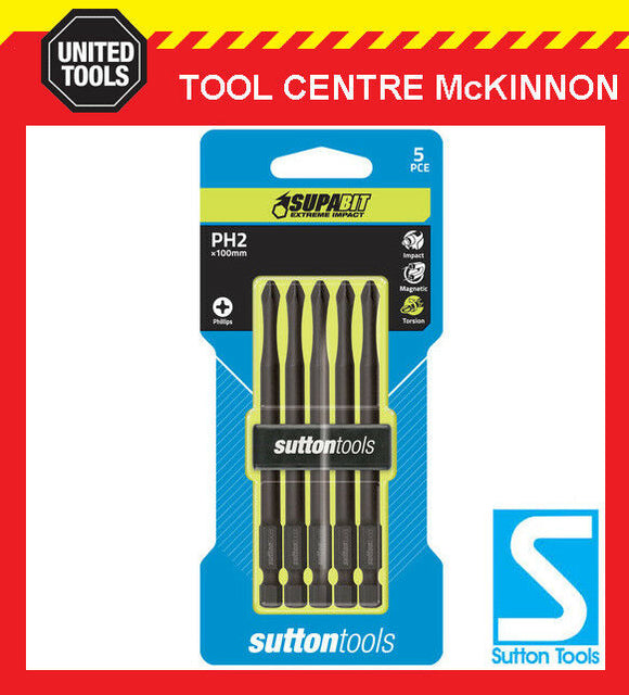 5 x SUTTON IMPACT PHILLIPS HEAD PH2 x 100mm POWER INSERT BITS FOR IMPACT DRIVERS