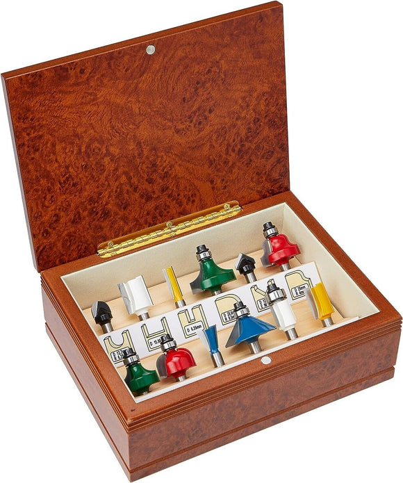 MAKITA ROUTER BIT SET – 12pce ¼” SHANK COLOUR CODED TCT BITS IN WOODEN BOX