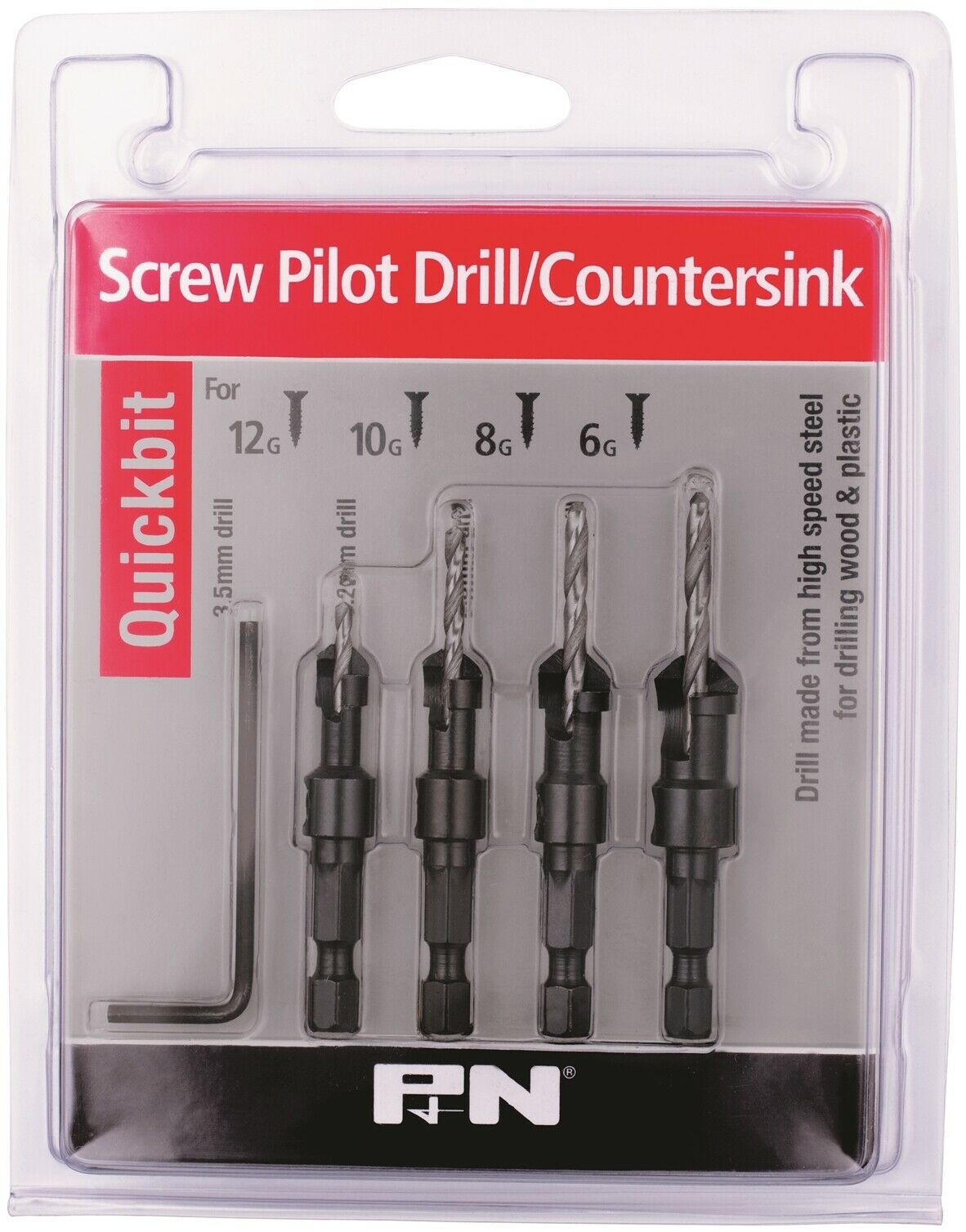 P&N BY SUTTON TOOLS 4pce QUICKBIT SCREW PILOT DRILL COUNTERSINK