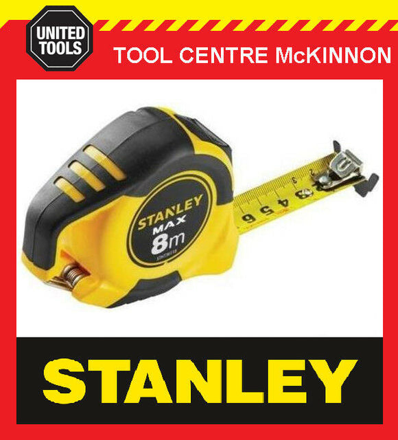 STANLEY MAX 8m BI-MATERIAL DOUBLE-SIDED MAGNETIC TAPE MEASURE WITH CARABINEER