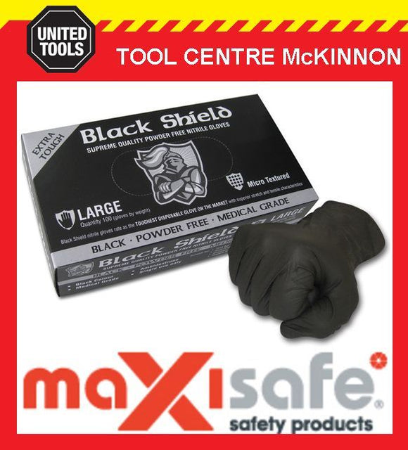MAXISAFE BLACK SHIELD EXTRA HEAVY DUTY DISPOSABLE NITRILE GLOVES – 100 x LARGE