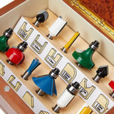 MAKITA ROUTER BIT SET – 12pce ¼” SHANK COLOUR CODED TCT BITS IN WOODEN BOX