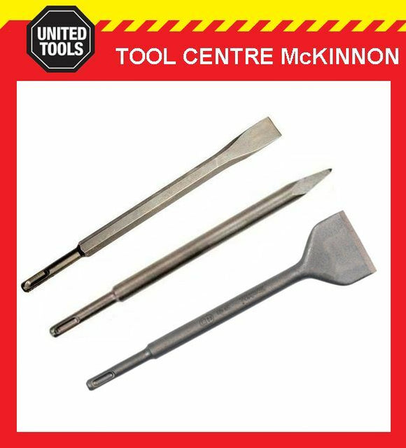 INDUSTRIAL 250mm 3pce SDS PLUS ROTARY CHISEL, BULL POINT & SCALING CHISEL SET