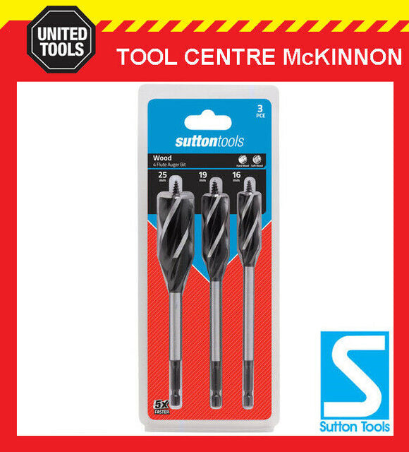 SUTTON TOOLS 3pce SELF-FEED SPEEDBOR STYLE 4 -FLUTE WOOD AUGER DRILL BIT SET